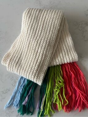 Anthropologie Cream Knit Scarf with Multicolor Fringe